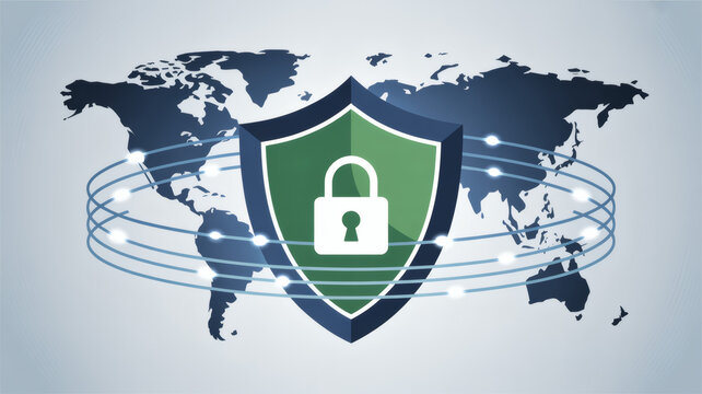 Global digital security and data protection concept with a shield and padlock overlaying a world map and network connections