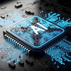 AI Microchip with Luminous Blue Circuitry