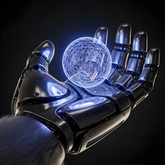 Robotic Hand Holding Luminous Global Data Sphere