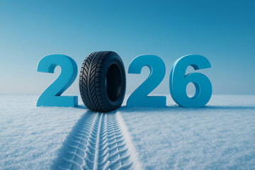 2026 new year banner with black car tire replacing zero on snowy road with tire tracks, winter promotion concept