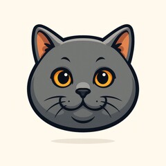 British Shorthair Cartoon Logo &ndash; Round Grey Cat Face. Orange Eyes. Cute Vector Mascot. Generative AI.	
