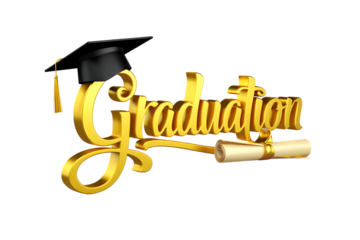Golden graduation text with cap and diploma 3d rendering isolated on transparent background