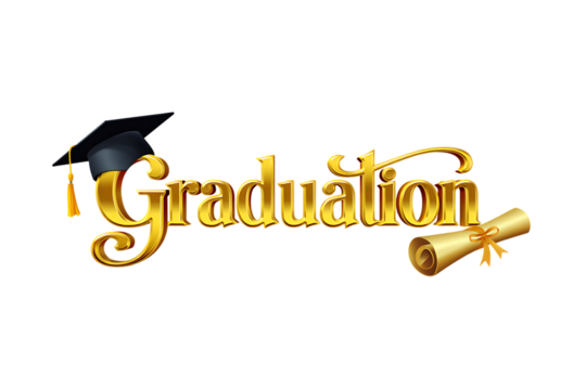 Golden graduation text with cap and diploma on black isolated on transparent background - Powered by Adobe