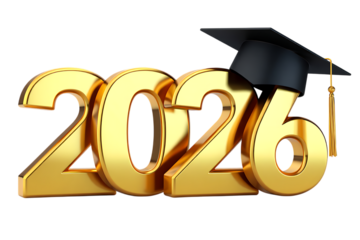 Golden 2026 graduation cap and year celebration isolated on transparent background