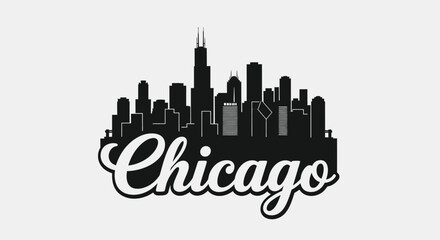 Fototapeta premium Black silhouette of the iconic Chicago city skyline with the word 'Chicago' in a stylish script font below it.