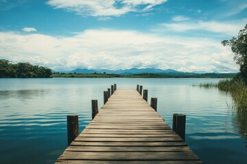 Obraz premium Tranquil wooden pier extending into a serene lake under a bright blue sky