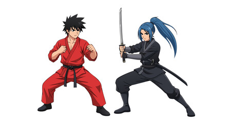 Martial Arts Fighters Facing Off Karateka in Red Gi and Ninja with Katana Ready for Combat on White Background
