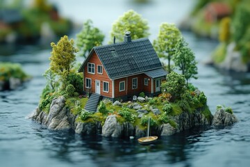 Obraz premium A charming wooden house surrounded by lush greenery on a small island in tranquil waters