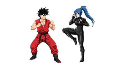 Fototapeta premium Martial Arts Heroes Dynamic Duo in Combat Stance Ready for Action, Embodying Strength and Agility in a Powerful Display