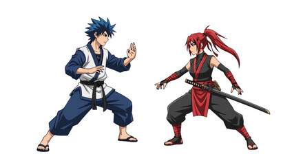 Obraz premium Dynamic martial arts illustration depicting a determined male and female fighter in traditional attire, ready for combat, against a white background, showcasing skill and discipline