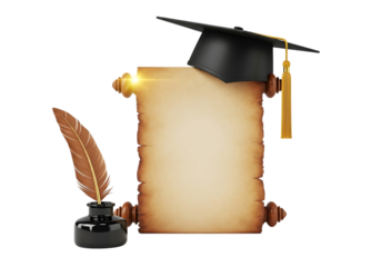 Graduation cap scroll quill and inkwell symbolizing education and achievement isolated on transparent background