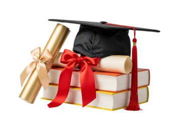 Graduation cap diploma and books celebrate academic achievement isolated on transparent background