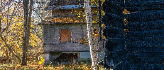 Old abandoned wooden house with broken windows surrounded by autumn trees. The structure shows decay, with fallen leaves covering the roof and charred remains of another building in the foreground.