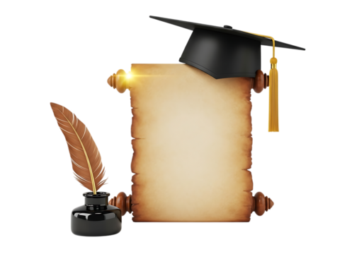 Graduation cap scroll quill and inkwell symbolizing education and achievement isolated on transparent background