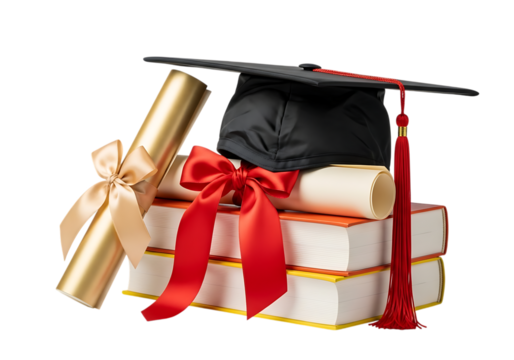 Graduation cap diploma and books celebrate academic achievement isolated on transparent background