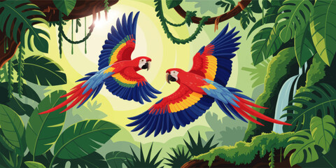 Obraz premium Vibrant Macaws Flying in Lush Tropical Jungle with Waterfall and Sunlight – Colorful Parrots Nature Illustration