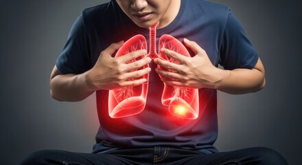 Human holding chest in agony with visible internal glowing red lungs highlighting severe pneumonia or respiratory disease causing breathing trouble. Disease awareness concept.