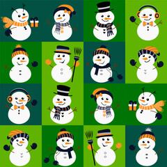 Vector seamless pattern with cute snowmen in hats and scarves in green and orange colors. Perfect for winter design, wrapping paper, and textiles.