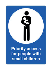 Blue priority access sign with explanation with caregiver and child icon for public facilities and family-friendly signage