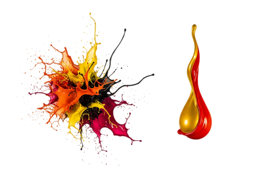 Colorful paint splashes isolated on transparent background creating an abstract composition