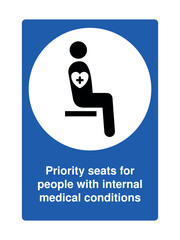 Blue priority seating sign with explanation with medical heart cross icon for individuals with internal health conditions