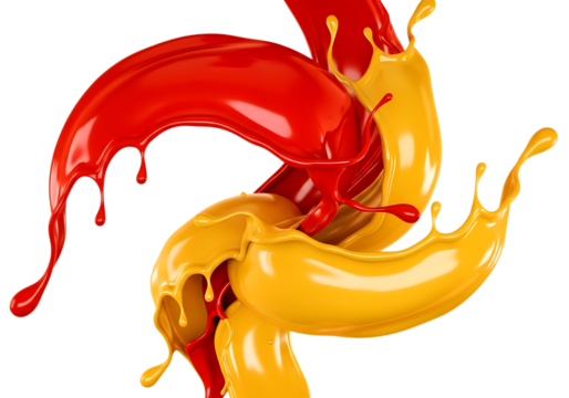 Vibrant splash of red and yellow paint intertwining isolated on transparent background