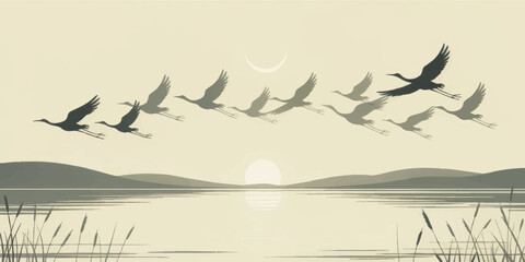 Fototapeta premium Elegant Cranes Flying Over Tranquil Lake at Sunrise – Minimalist Nature Landscape Illustration with Hills and Reeds