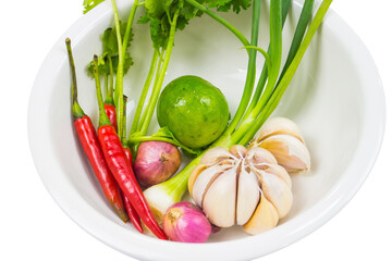 Fresh Thai Herbs and Spices in White Bowl isolated on Transparent Background , PNG