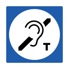 Blue hearing loop accessibility sign with ear and T symbol for individuals with hearing impairments