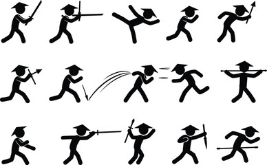 Martial arts stick figure vector illustration, graduation cap theme, sword and spear poses, combat motion, educational choreography, action storyboard design
