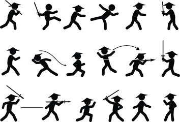 Martial arts silhouette vector illustration, graduation cap theme, combat poses, sword and kick actions, motion storyboard, educational training design