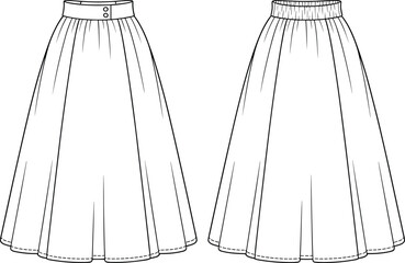 Flared skirt vector illustration, front and back views, buttoned waistband, elastic back, gathered panels, fashion technical garment construction sketch
