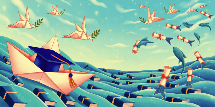 Surreal Graduation Journey Illustration with Paper Boat, Cap, Origami Birds, Books, Fish, and Diplomas on Blue Ocean Waves