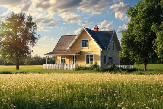 Yellow house surrounded by lush green fields under a cloudy sky in late afternoon - Powered by Adobe