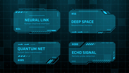 Futuristic hud vector graphic with neural link, deep space, quantum net, and echo signal text. Digital interface for modern technology data concept © marruu