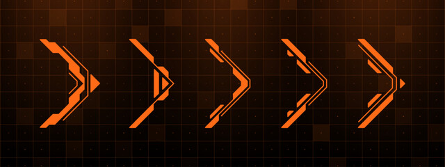 Hud vector graphics set for futuristic display design. Orange arrow element for digital interface. Abstract shapes for technology background. © marruu