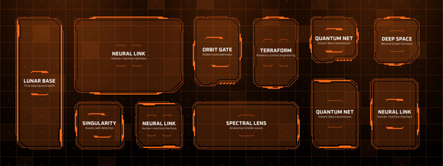 Orange futuristic huds vector graphics set for user interface design. Digital data display with science fiction concept of space exploration. © marruu
