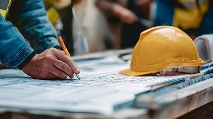 Construction worker planning project using blueprint on site