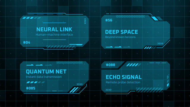 Futuristic hud vector graphic with neural link, deep space, quantum net, and echo signal text. Digital interface for modern technology data concept