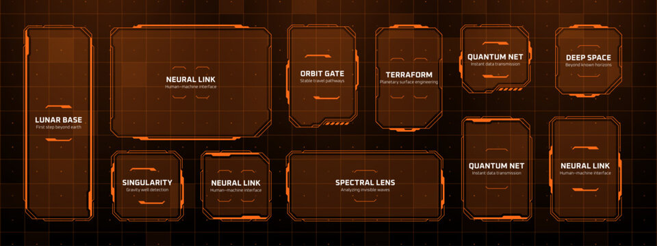 Orange futuristic huds vector graphics set for user interface design. Digital data display with science fiction concept of space exploration.
