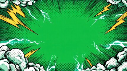 Green comic book frame with lightning and clouds for superhero text effect