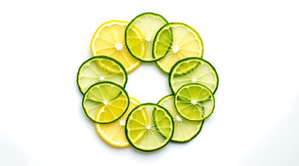 Neat circle of alternating lime and lemon slices arranged on white background creating fresh and vibrant citrus pattern