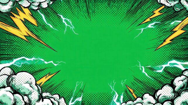Green comic book frame with lightning and clouds for superhero text effect