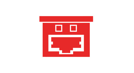Simple red abstract box with a pixelated face and open mouth on white background