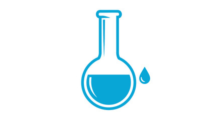 Simple illustration of a round bottom flask with blue liquid and a dripping droplet.