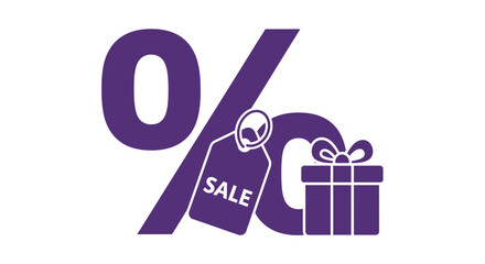 Purple percentage symbol with sale tag and gift box, representing discounts and special offers