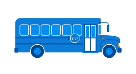 Vibrant blue school bus illustration with a stop sign, ready for educational journeys.