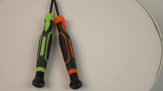 screwdrivers on rotating background. work tools