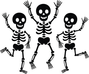 Playful dancing skeletons cartoon illustration, funny skull characters celebrating Halloween party, spooky festive bones artwork, humorous skeleton dance clipart design