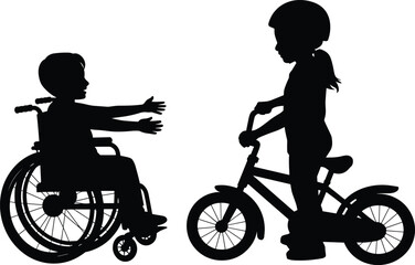 Inclusive children silhouette illustration, wheelchair accessibility, friendship, diversity, disability awareness, bicycle safety, childhood connection, equality, support, communication, empathy, 